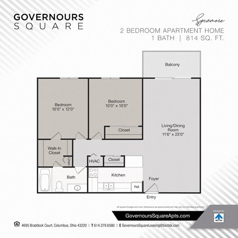 Floor plan for 2 beds, 1 bath, 814 sqft
